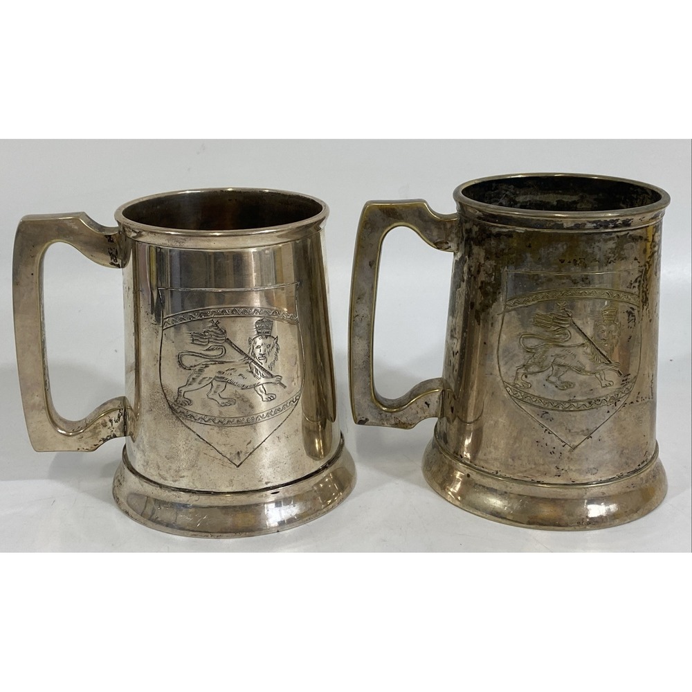 Vintage Set Silverplate British Mugs Stein Tankard‎ Hand Etched Lion Crest Guild